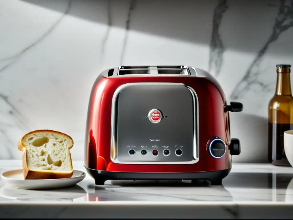 Una tostadora retro de diseño minimalista descansa sobre una encimera de mármol, bañada por la cálida luz de la mañana