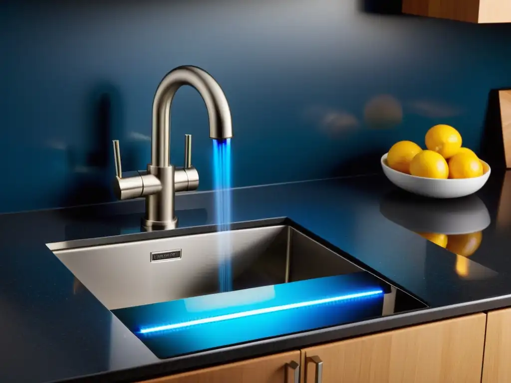 Un triturador de desperdicios de cocina de acero inoxidable en una cocina moderna y eficiente, iluminada con LED azul