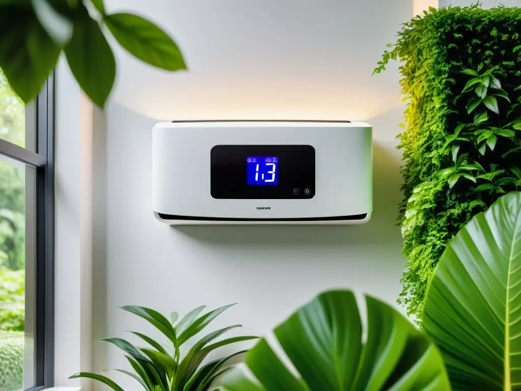 Unidad de aire acondicionado moderna y elegante con pantalla digital, rodeada de vegetación exuberante, resaltando su diseño energéticamente eficiente y tecnología avanzada