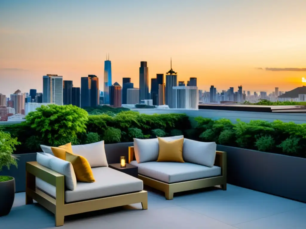 Unidad de aire acondicionado moderna en terraza minimalista rodeada de vegetación, con vista a la ciudad al atardecer