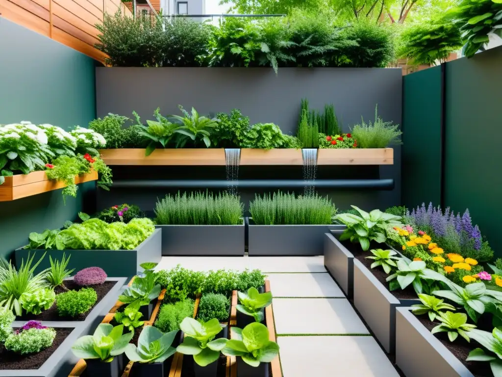 Jardín urbano exuberante con tecnología para jardinería urbana innovadora, destacando la eficiencia y la innovación en un entorno natural y vibrante