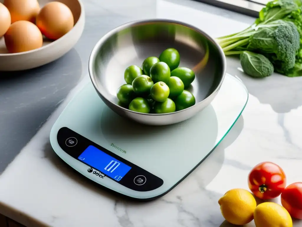 Utensilios de cocina inteligentes: Báscula digital en una cocina moderna con frutas frescas y luz natural