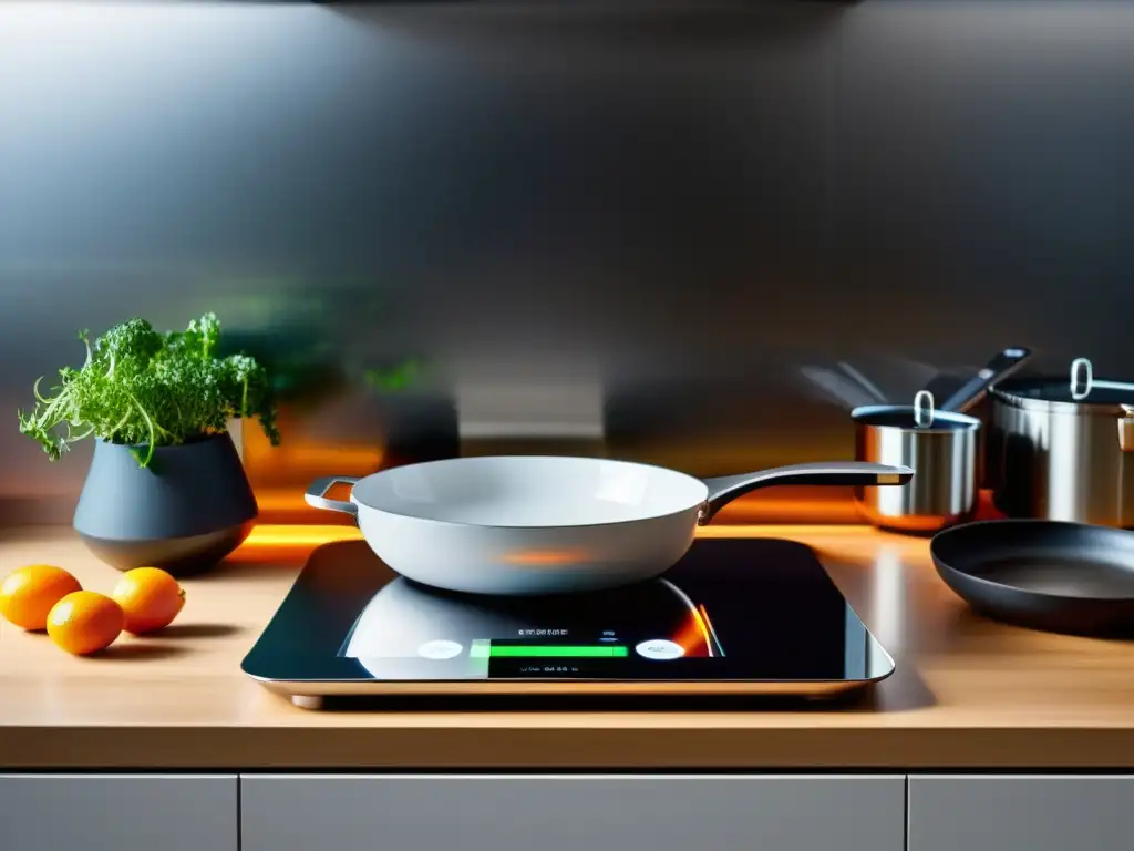 Utensilios de cocina inteligentes en cocina moderna de alta tecnología con ambiente futurista y diseño minimalista