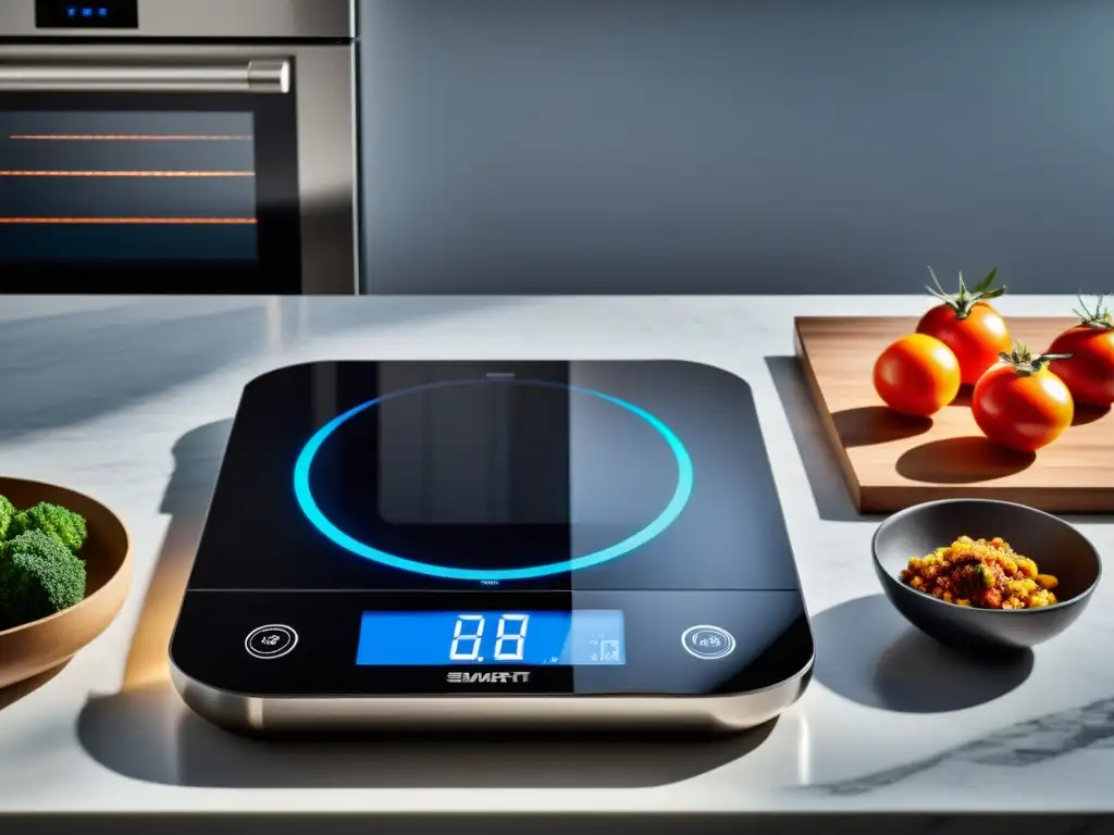 Utensilios de cocina inteligentes en una encimera futurista con tecnología innovadora y ambientación moderna