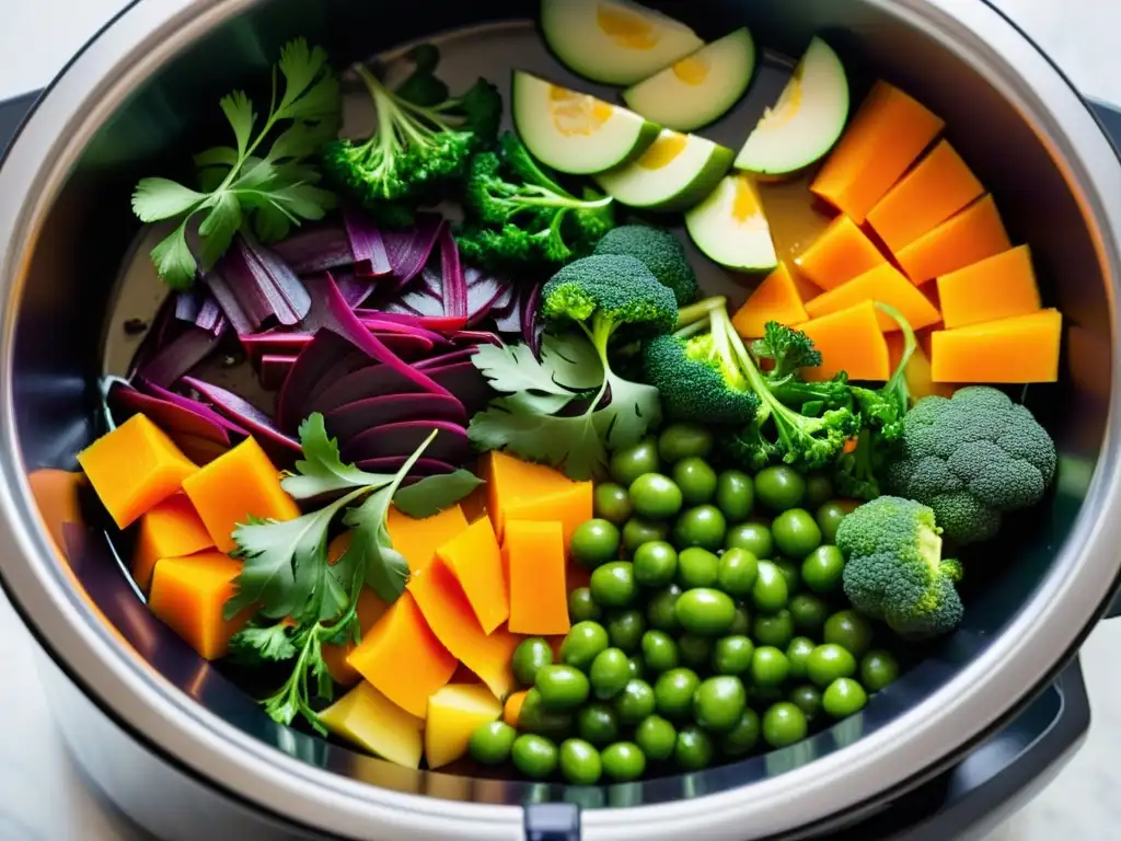 Variadas verduras frescas se colocan en una olla de cocción lenta, reflejando elegancia contemporánea