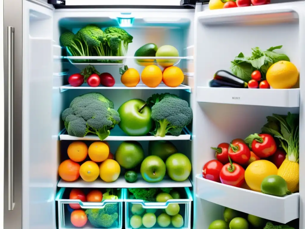 Una variedad de frutas y verduras frescas en un refrigerador moderno y organizado