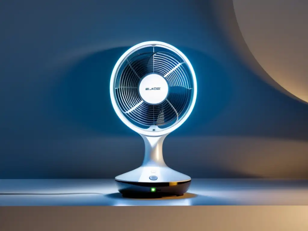 Ventilador sin aspas eficiente y seguro con diseño moderno y luz ambiental suave, creando un ambiente confortable