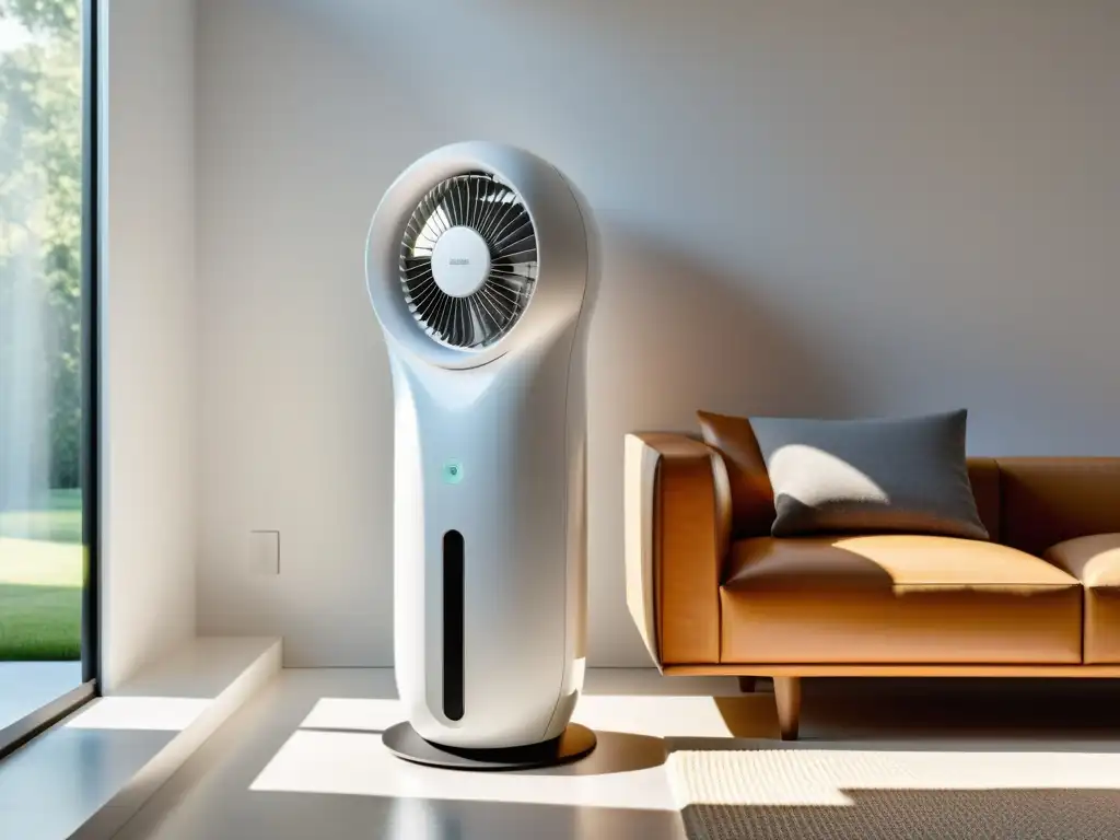 Un ventilador sin aspas eficiente y seguro en un espacio minimalista blanco, con luz natural cálida