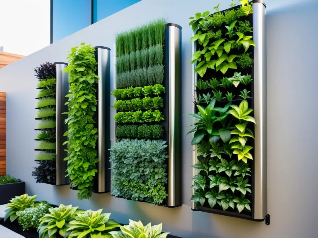 Un jardín vertical de alta tecnología con sistemas de riego automatizado, plantas exuberantes y tecnología innovadora para jardinería urbana