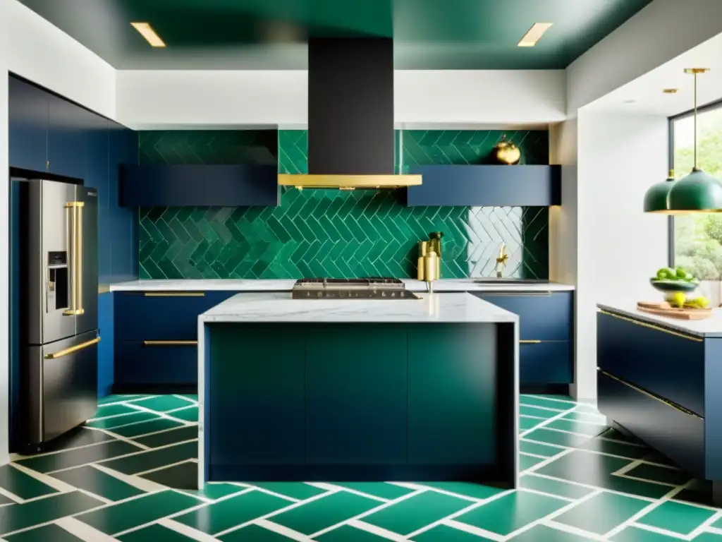 Vibrante cocina moderna con electrodomésticos en tendencias colores cocina, isla elegante y azulejos geométricos de moda