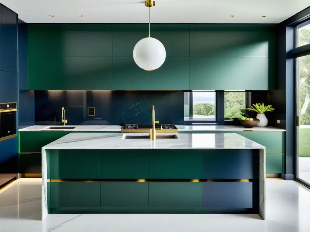 Vibrante cocina moderna con tendencias de colores en electrodomésticos, diseño minimalista y lujosos detalles en mármol