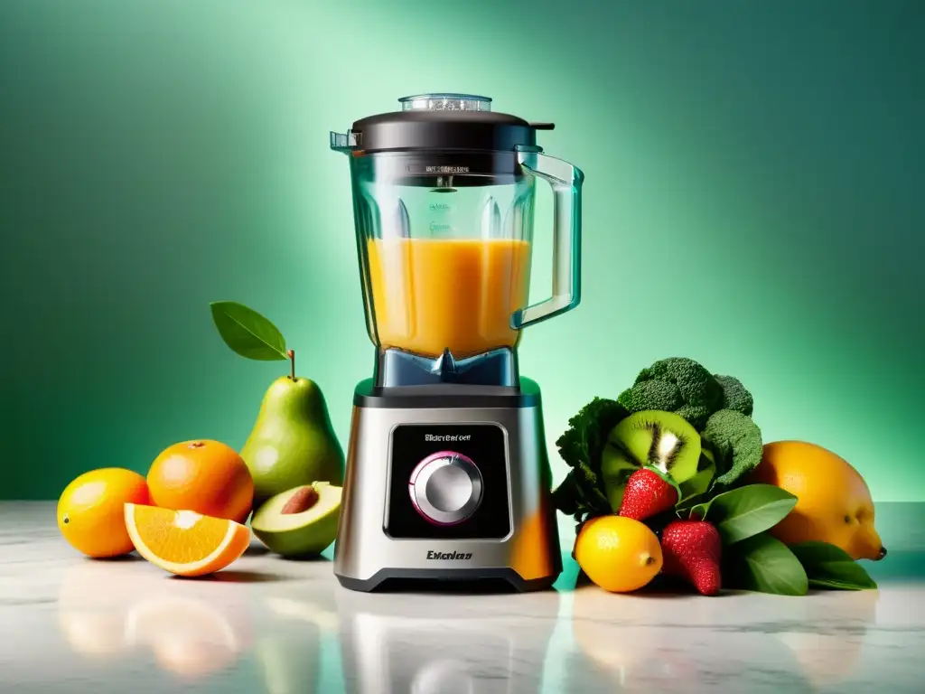 Batidora de alta gama: Nutritivos smoothies en casa Vibrante imagen de la mejor batidora de vaso para smoothies en encimera de mármol con frutas frescas y verduras, derramando un smoothie cremoso