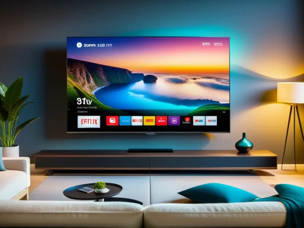 Vibrante sala con Smart TV en pared y experiencia hogar de Software Smart TVs