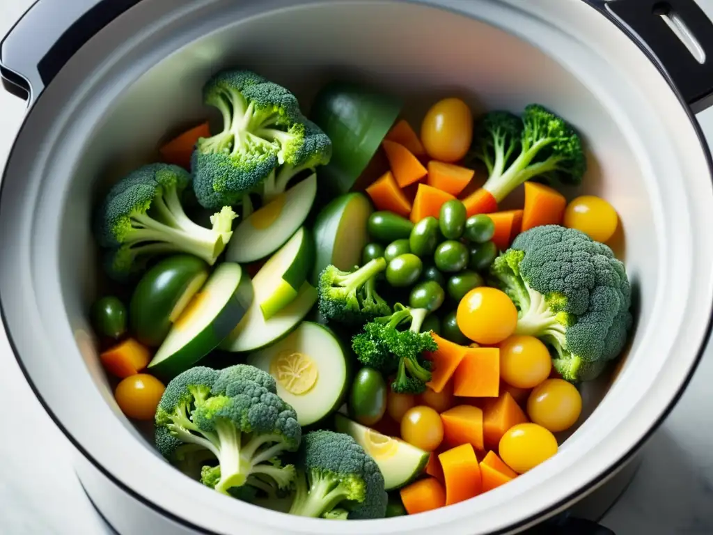 Vibrantes vegetales frescos se añaden a olla de cocción lenta, transmitiendo los beneficios de la cocina saludable con un toque moderno