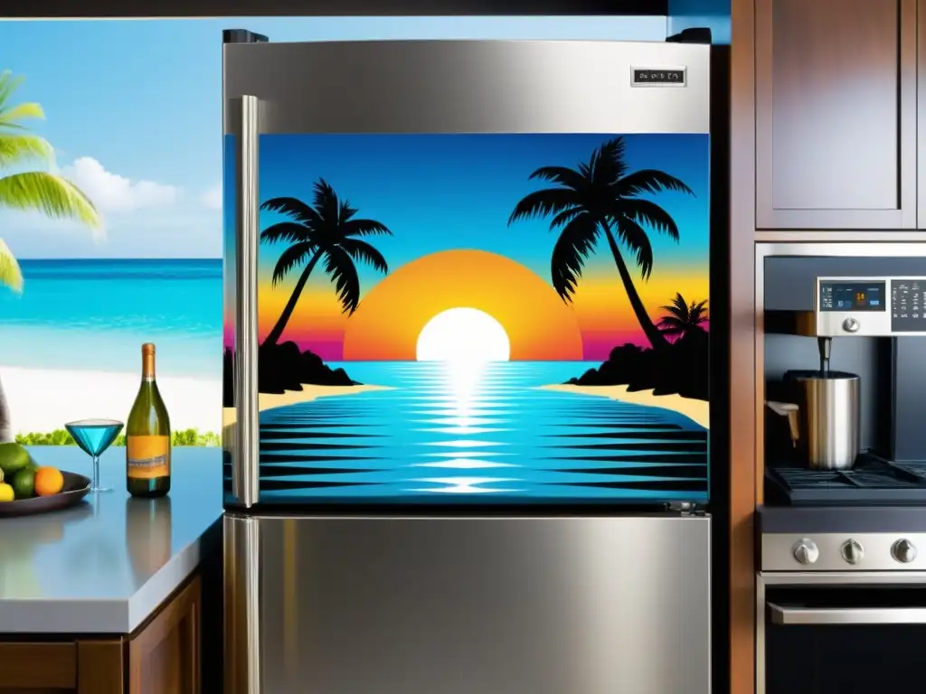 Vinilo personalizado para frigorífico: escena tropical con palmeras, agua azul y atardecer vibrante en un moderno frigorífico de acero inoxidable