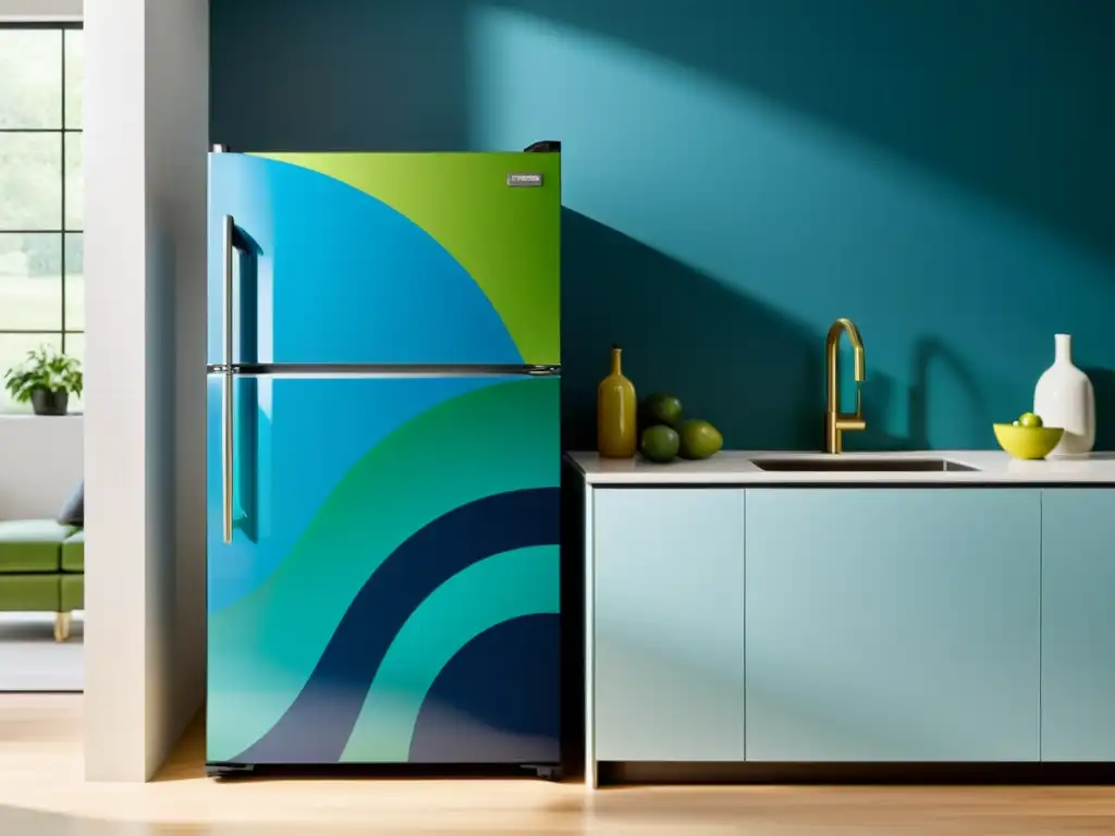 Vinilos personalizados para frigorífico: moderno diseño geométrico en tonos azules y verdes, aportando movimiento y estilo contemporáneo a la cocina