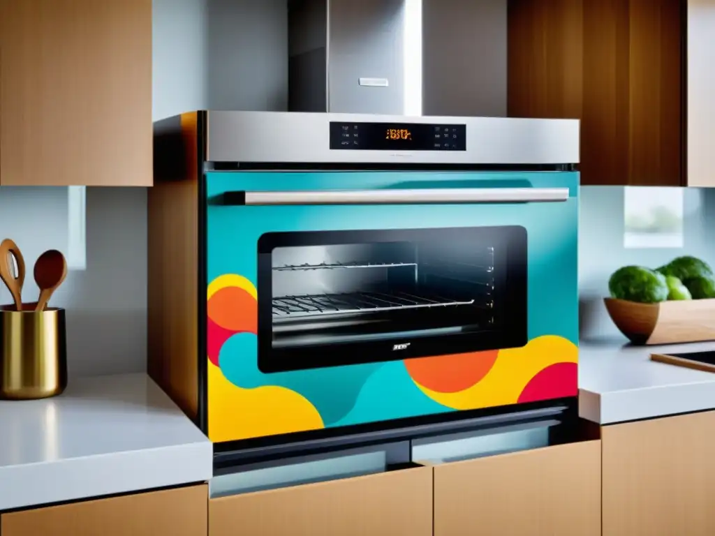 Vinilos resistentes al calor para horno con diseño abstracto vibrante integrado en la cocina moderna y luminosa