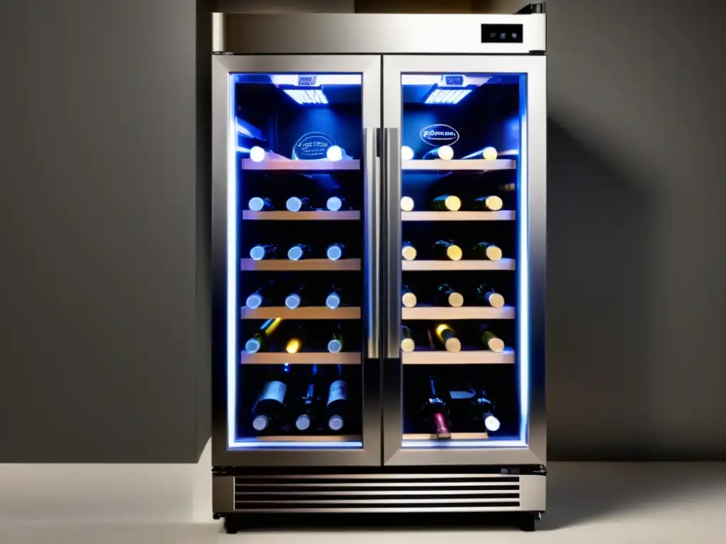 Vinoteca BODEGA43 para vinos: Botellas de vino organizadas en elegante nevera con puerta de vidrio y luz LED suave