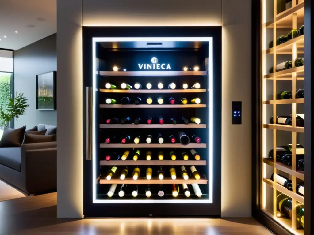 Vinoteca BODEGA43 para vinos: Elegante colección de botellas iluminadas en un ambiente moderno y sofisticado con iluminación LED