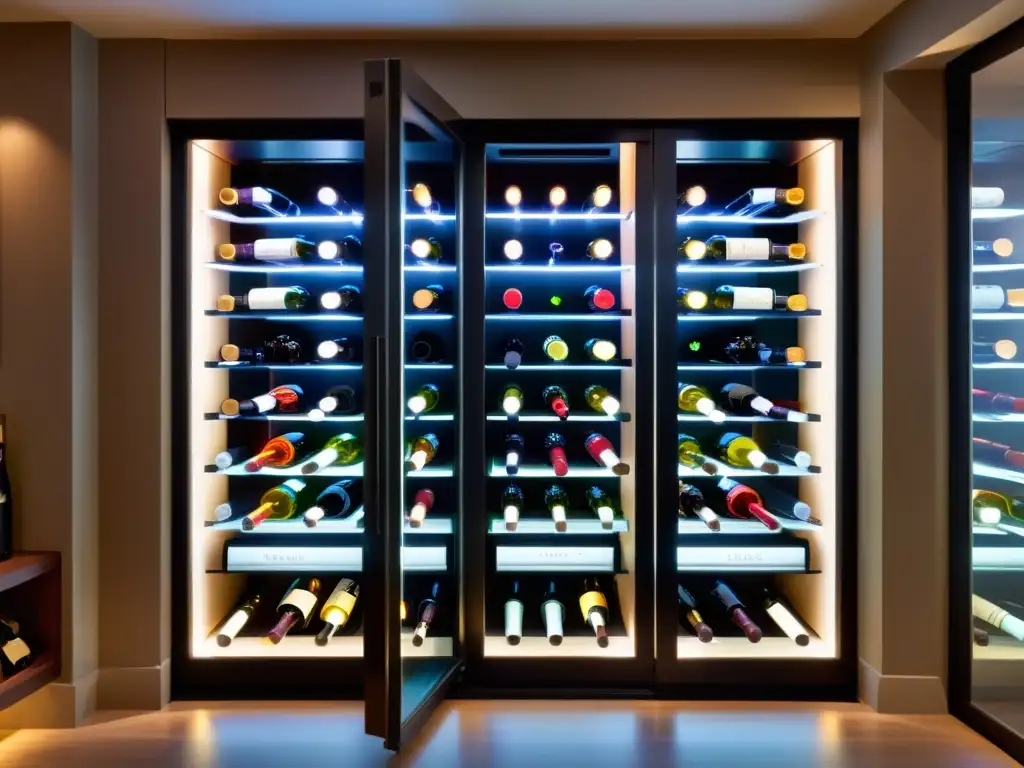 Vinoteca BODEGA43 para vinos: Elegantes botellas iluminadas en moderno espacio, creando atmósfera sofisticada y acogedora