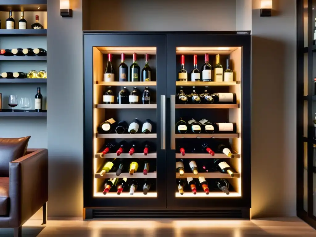 Vinoteca moderna y lujosa con puertas de vidrio y LED, exhibiendo vinos premium de todo el mundo