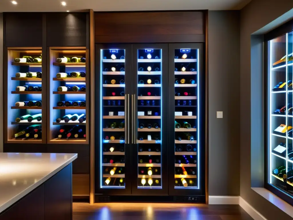 Vinoteca moderna con iluminación LED, exhibiendo vinotecas premium para conservar vinos en estantes de madera