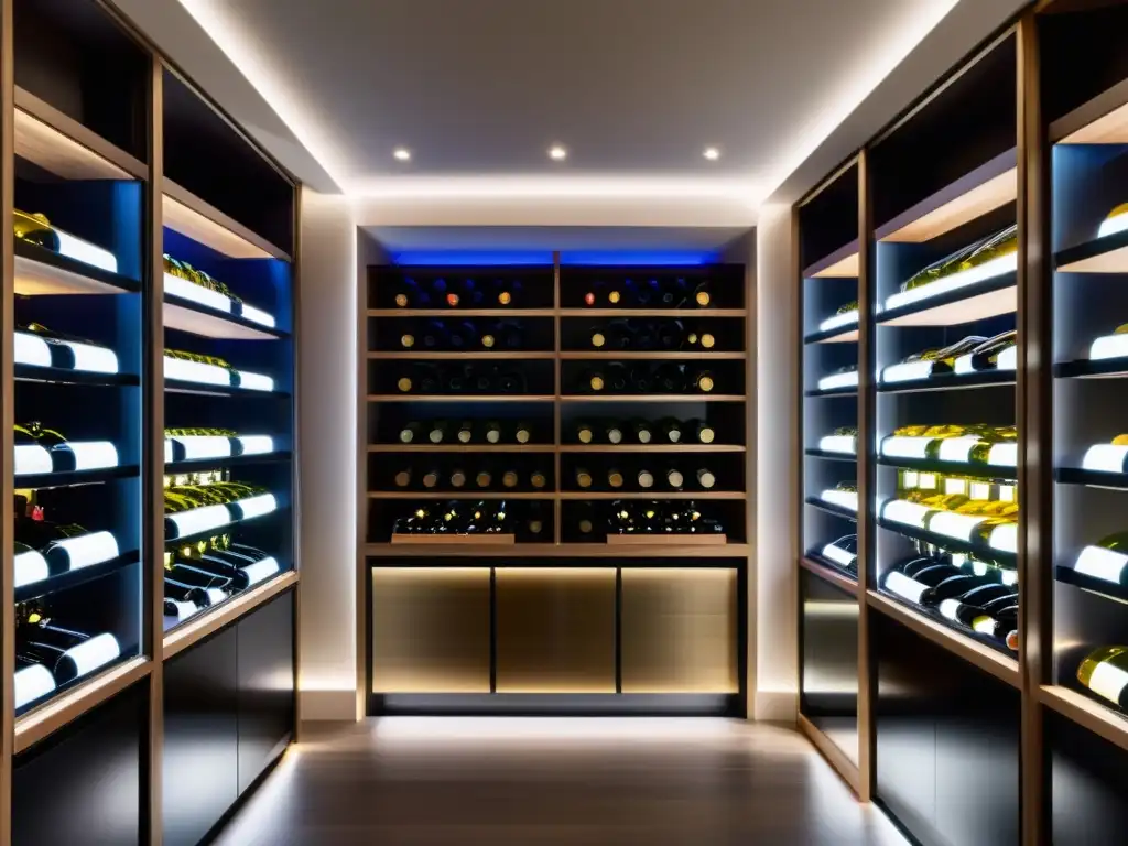 Vinoteca de diseño ultramoderno con iluminación LED integrada y estantes meticulosamente organizados para conservar vinos premium