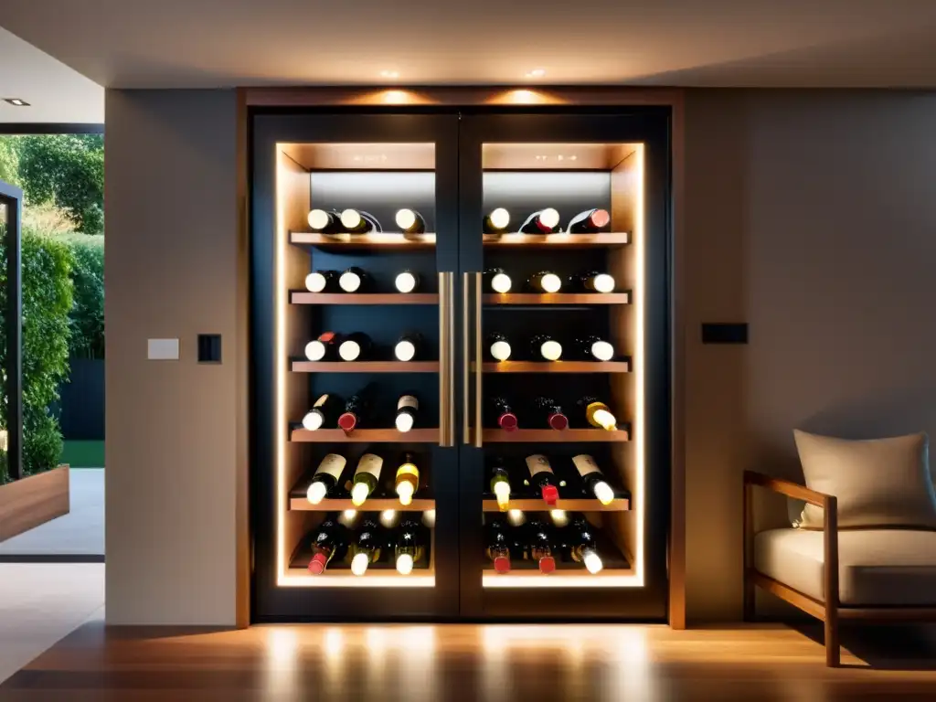 Vinoteca Premium para conservar vinos: Colección elegante y sofisticada de vinos premium organizados en estantes de madera, iluminados suavemente