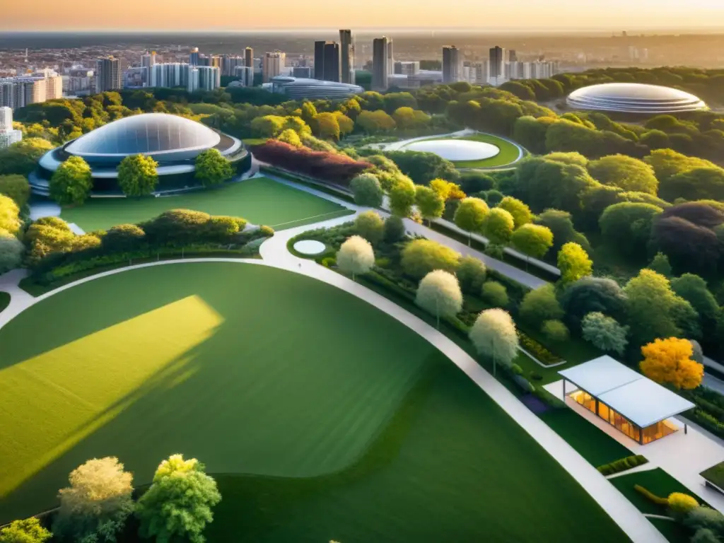 Vista aérea de una ciudad moderna con edificios sostenibles y espacios verdes