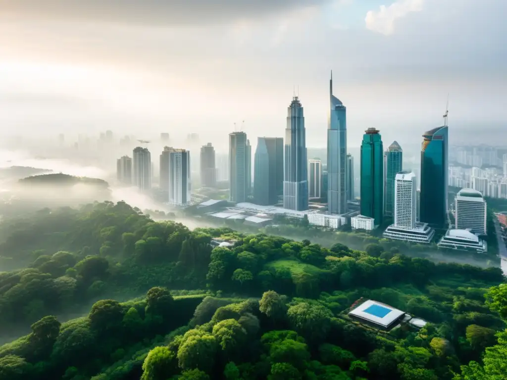 Vista aérea de una ciudad rodeada de naturaleza, resaltando la importancia de certificaciones RoHS en electrodomésticos