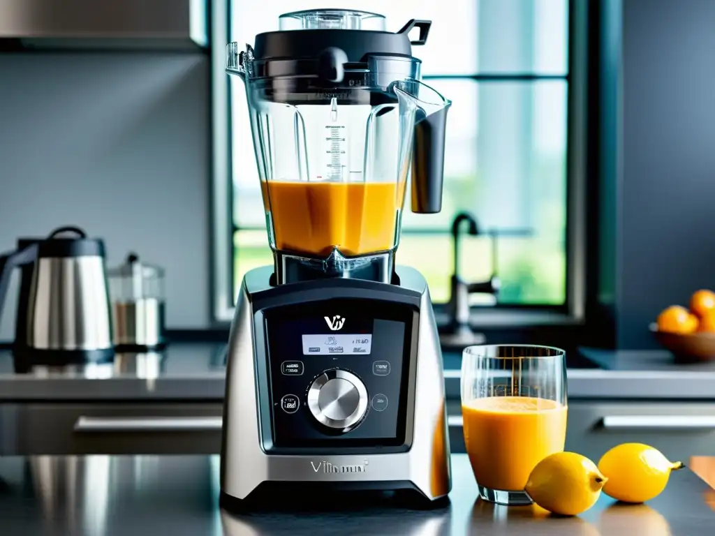 Vista detallada de la moderna licuadora Vitamix A3500, destacando su diseño elegante y opciones de mezclado