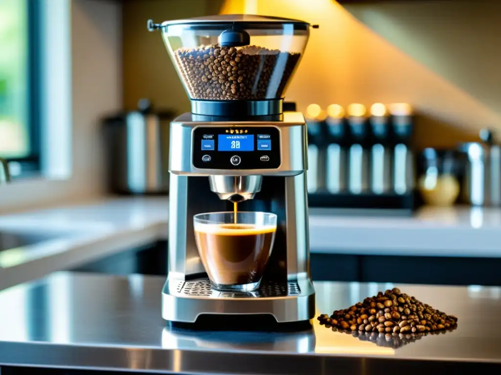 Vista detallada del molinillo de café Baratza Encore con granos de café esparcidos, bañado por la cálido luz matutina