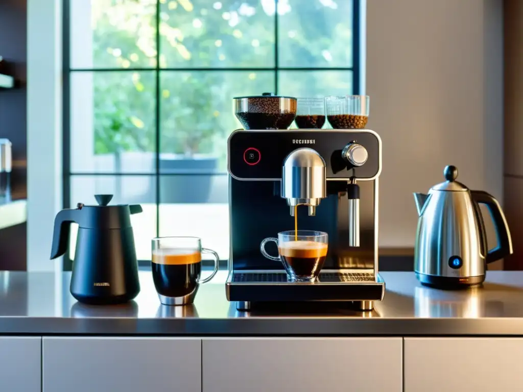 Vista de una elegante comparativa cafeteras cápsulas automáticas en una cocina moderna con luz natural