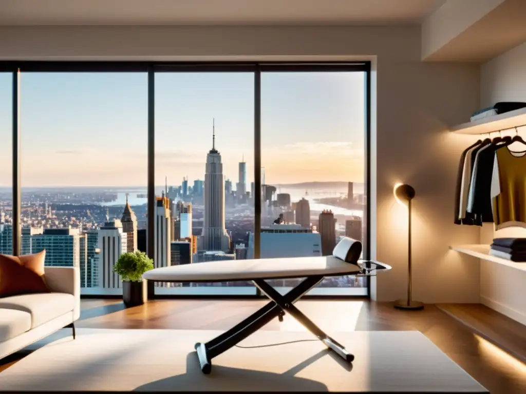 Vista elegante de la sala con el Sistema de planchado Rowenta IXEO, bañada por la luz del sol y la ciudad