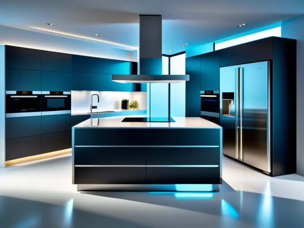 Vista futurista de una cocina minimalista con electrodomésticos de alta tecnología