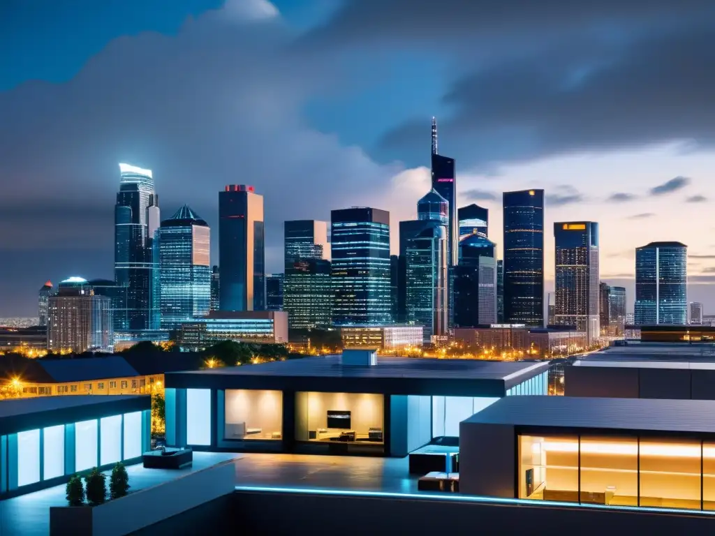 Vista nocturna de la ciudad con edificios futuristas iluminados y sistemas de vigilancia en la nube integrados