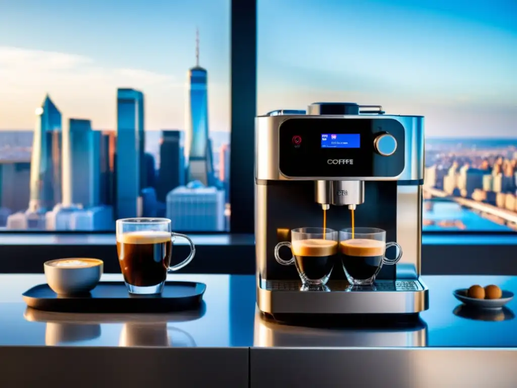 Vista panorámica de la ciudad desde una moderna cocina con dos elegantes cafeteras de cápsulas automáticas, creando una atmósfera acogedora y cálida