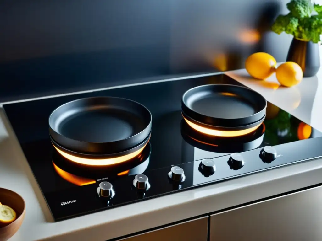 Un vitrocerámica impecable brilla bajo la cálida luz de la cocina, lista para usar