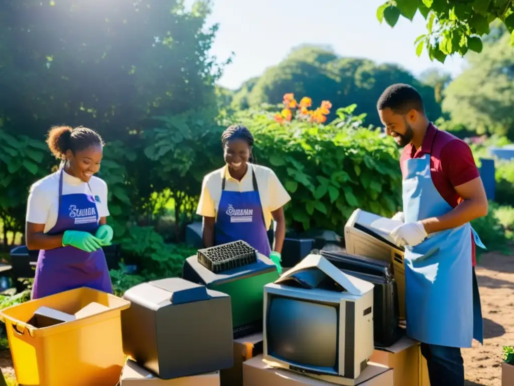 Voluntarios multiculturales reciclando electrodomésticos en un jardín comunitario