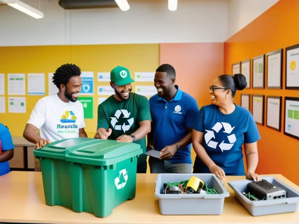 Voluntarios sonrientes reciclando electrodomésticos en centro comunitario